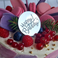 Топпер круглый серебро "Happy Birthday" диаметр 5 см (2 шт)