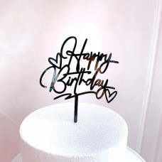 Топпер «Happy Birthday» черный с сердечками